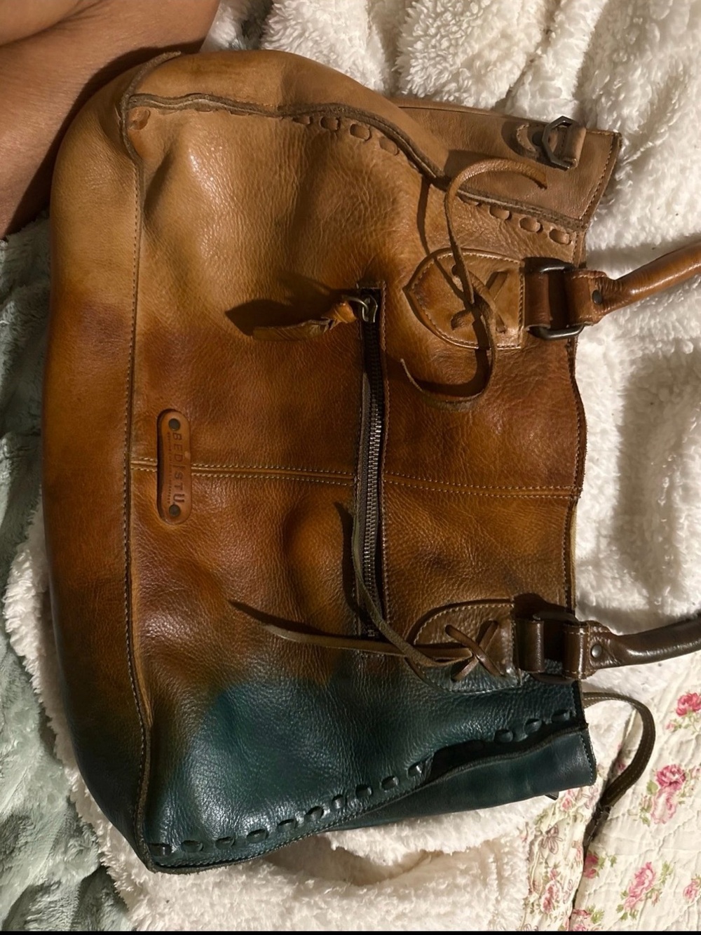 Bed Stu Two-Tone Brown and Green Leather Satchel